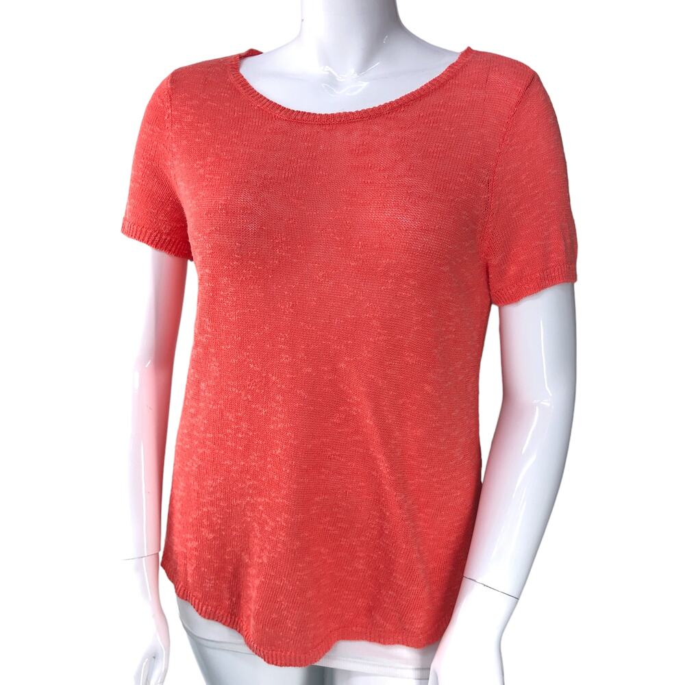 Eileen Fisher Womens Size XL Knit Top Sweater Short Sleeve Coral Linen